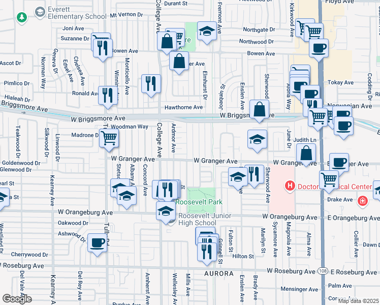 map of restaurants, bars, coffee shops, grocery stores, and more near 1615 Bronson Avenue in Modesto