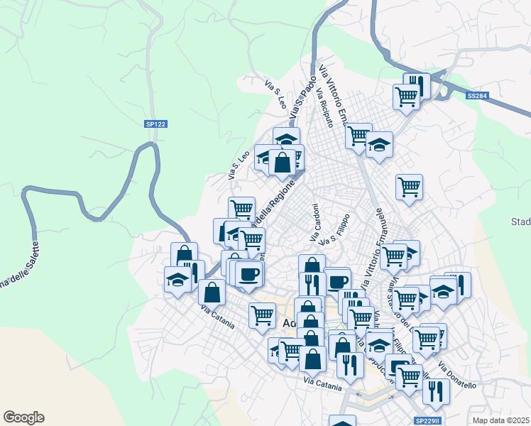 map of restaurants, bars, coffee shops, grocery stores, and more near 90 Via della Regione in Adrano