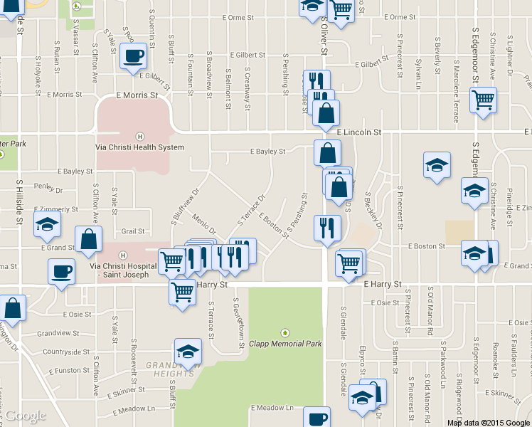 map of restaurants, bars, coffee shops, grocery stores, and more near 4450 East Boston Street in Wichita