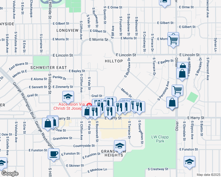 map of restaurants, bars, coffee shops, grocery stores, and more near 1101 South Bluffview Court in Wichita