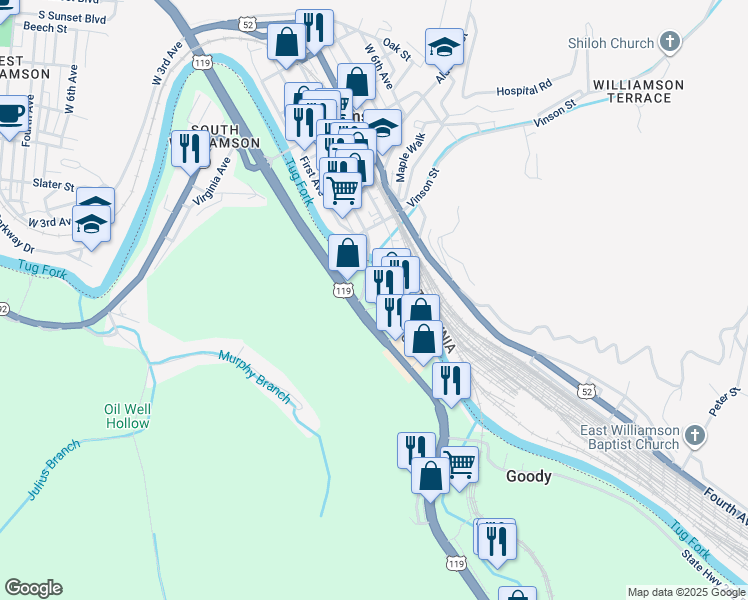 map of restaurants, bars, coffee shops, grocery stores, and more near 197 Appalachian Plaza in South Williamson