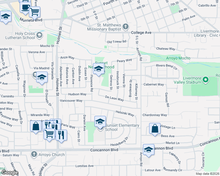 map of restaurants, bars, coffee shops, grocery stores, and more near 1566 De Soto Way in Livermore
