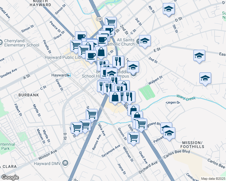 map of restaurants, bars, coffee shops, grocery stores, and more near 23901 Mission Boulevard in Hayward