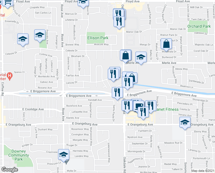 map of restaurants, bars, coffee shops, grocery stores, and more near 1610 Woolston Court in Modesto