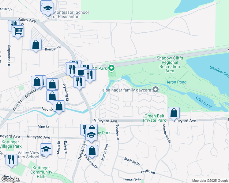 map of restaurants, bars, coffee shops, grocery stores, and more near Plantano Way in Pleasanton