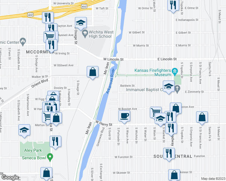 map of restaurants, bars, coffee shops, grocery stores, and more near 526 West Zimmerly Street in Wichita