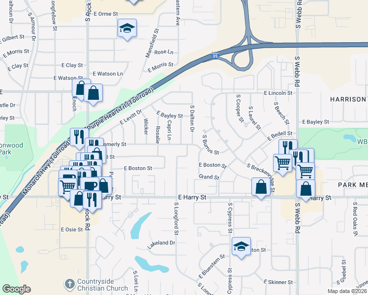 map of restaurants, bars, coffee shops, grocery stores, and more near 8411 East Zimmerly Street in Wichita