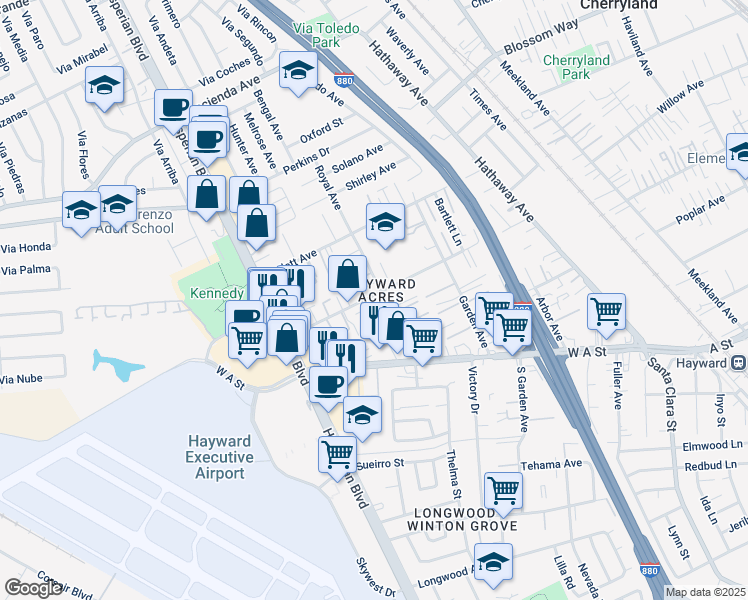 map of restaurants, bars, coffee shops, grocery stores, and more near 722 West Sunset Boulevard in Hayward