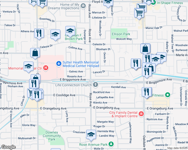 map of restaurants, bars, coffee shops, grocery stores, and more near 1609 Boynton Way in Modesto