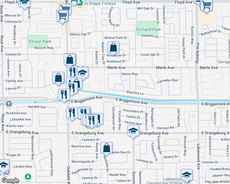 map of restaurants, bars, coffee shops, grocery stores, and more near 2420 Beatrice Lane in Modesto