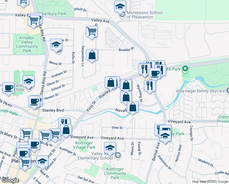 map of restaurants, bars, coffee shops, grocery stores, and more near 3724 Stanley Boulevard in Pleasanton