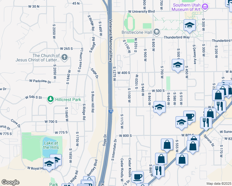 map of restaurants, bars, coffee shops, grocery stores, and more near 501 South 1275 West in Cedar City