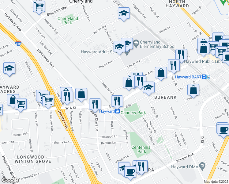 map of restaurants, bars, coffee shops, grocery stores, and more near 22416 Meekland Avenue in Hayward