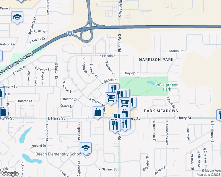 map of restaurants, bars, coffee shops, grocery stores, and more near 1157 South Webb Road in Wichita