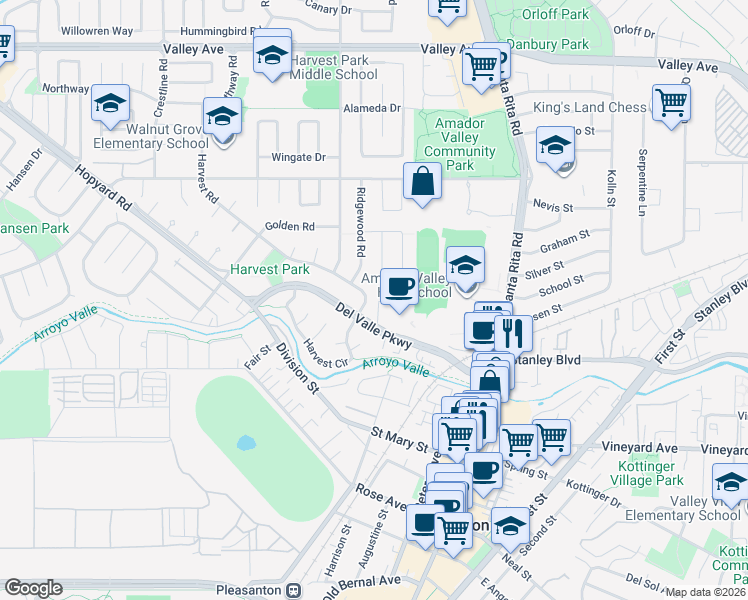 map of restaurants, bars, coffee shops, grocery stores, and more near 1144 Harvest Road in Pleasanton