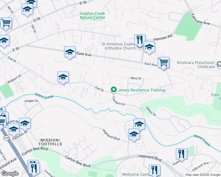 map of restaurants, bars, coffee shops, grocery stores, and more near 24838 2nd Street in Hayward