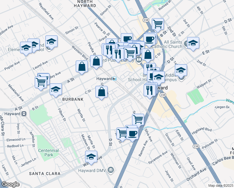 map of restaurants, bars, coffee shops, grocery stores, and more near 22800 Meridian Drive in Hayward