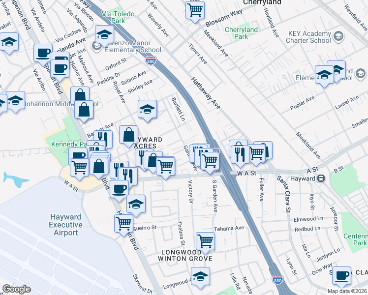map of restaurants, bars, coffee shops, grocery stores, and more near 534 Garden Place in Hayward