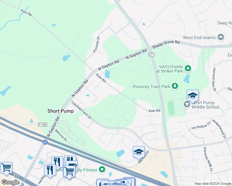 map of restaurants, bars, coffee shops, grocery stores, and more near 12237 Kain Road in Glen Allen