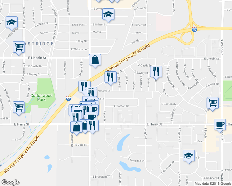 map of restaurants, bars, coffee shops, grocery stores, and more near 8129 East Zimmerly Street in Wichita