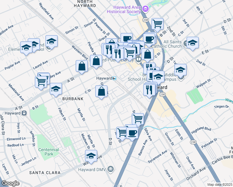 map of restaurants, bars, coffee shops, grocery stores, and more near 22800 Meridian Drive in Hayward