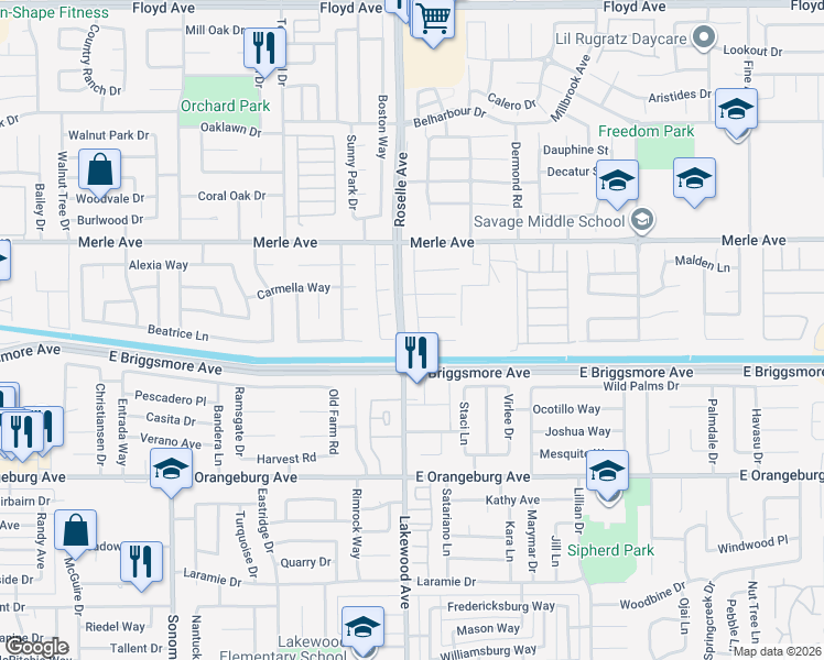 map of restaurants, bars, coffee shops, grocery stores, and more near 1609 Matisse Lane in Modesto