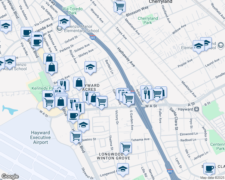 map of restaurants, bars, coffee shops, grocery stores, and more near 534 Garden Place in Hayward