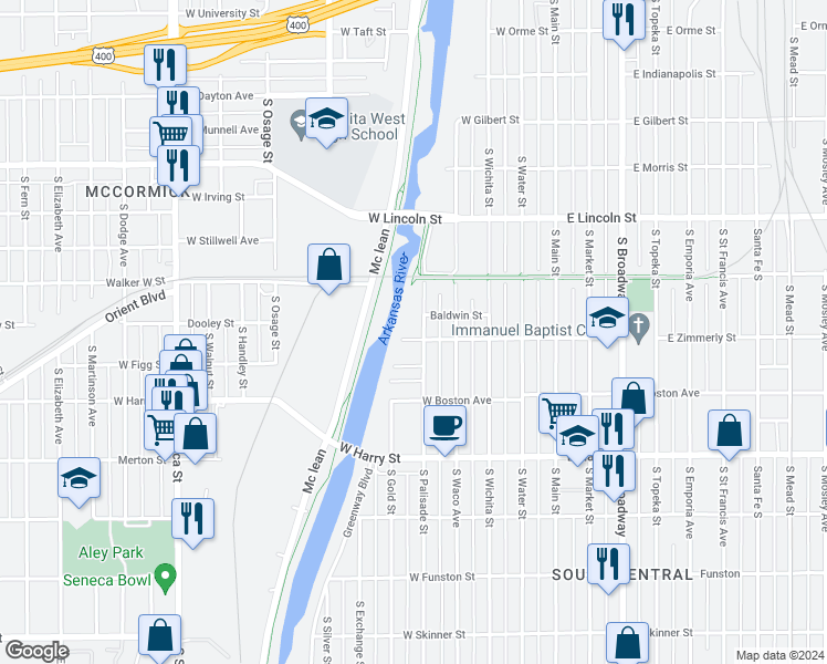 map of restaurants, bars, coffee shops, grocery stores, and more near 510 West Zimmerly Street in Wichita