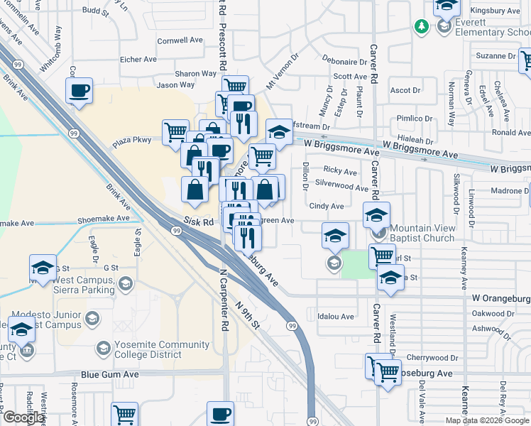 map of restaurants, bars, coffee shops, grocery stores, and more near 2021 Evergreen Avenue in Modesto