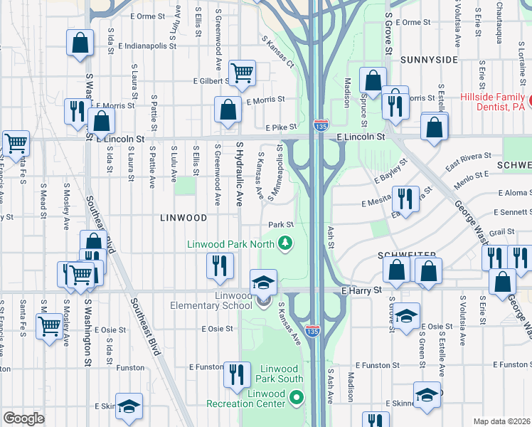 map of restaurants, bars, coffee shops, grocery stores, and more near 1360 South Kansas Street in Wichita