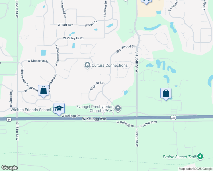 map of restaurants, bars, coffee shops, grocery stores, and more near 1410 Auburn Hills in Wichita