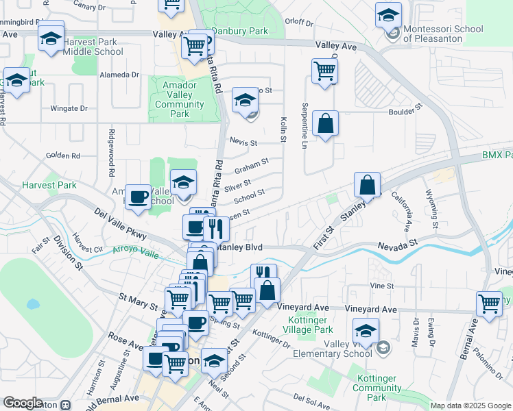 map of restaurants, bars, coffee shops, grocery stores, and more near 4141 Jensen Street in Pleasanton