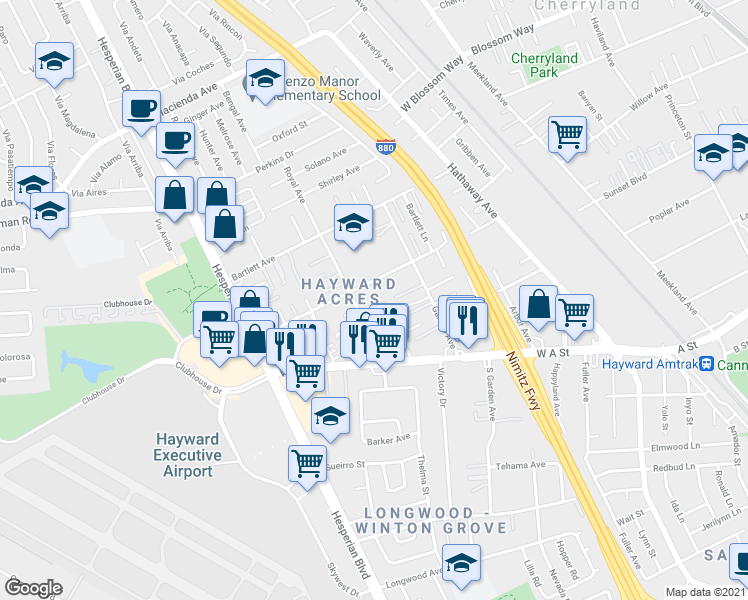 map of restaurants, bars, coffee shops, grocery stores, and more near 20918 Royal Avenue in Hayward