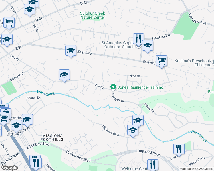 map of restaurants, bars, coffee shops, grocery stores, and more near 24838 2nd Street in Hayward