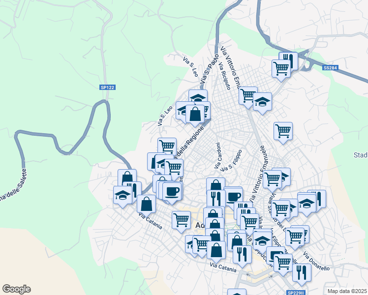 map of restaurants, bars, coffee shops, grocery stores, and more near 90 Via della Regione in Adrano