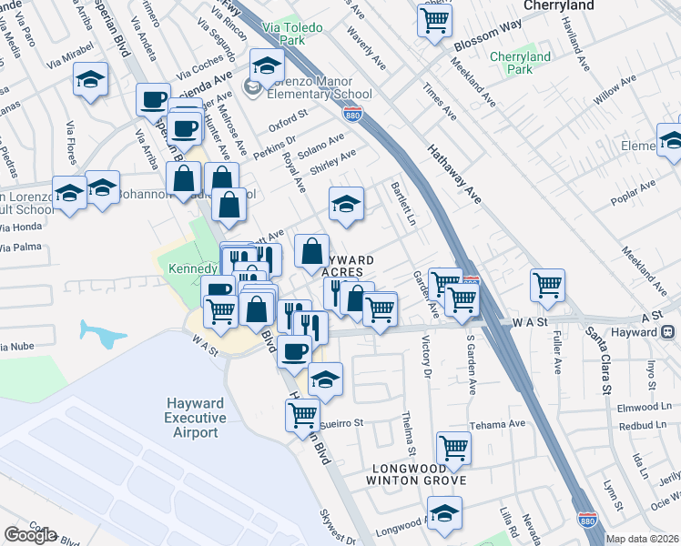 map of restaurants, bars, coffee shops, grocery stores, and more near 722 West Sunset Boulevard in Hayward