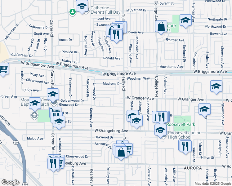map of restaurants, bars, coffee shops, grocery stores, and more near 1318 Cypress Avenue in Modesto