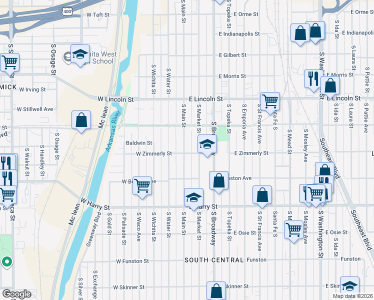 map of restaurants, bars, coffee shops, grocery stores, and more near 1350 South Main Street in Wichita