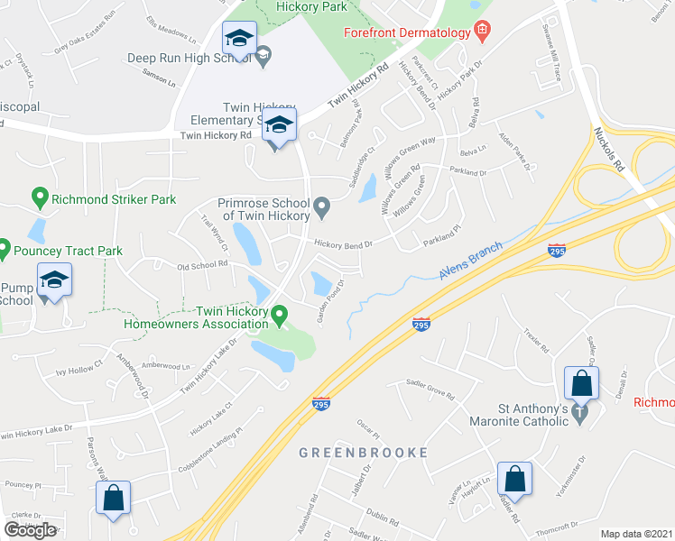 map of restaurants, bars, coffee shops, grocery stores, and more near 4821 Garden Spring Lane in Glen Allen
