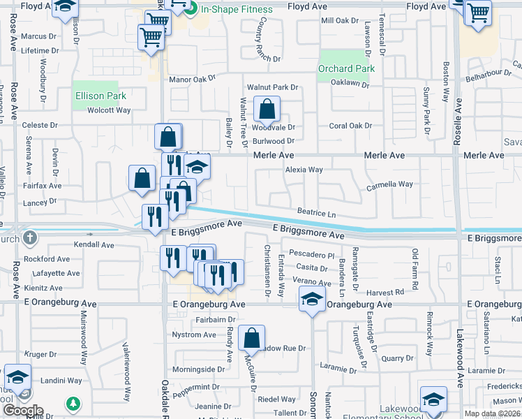 map of restaurants, bars, coffee shops, grocery stores, and more near 2420 Beatrice Lane in Modesto