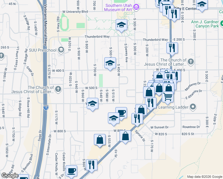 map of restaurants, bars, coffee shops, grocery stores, and more near 506 South 515 West in Cedar City