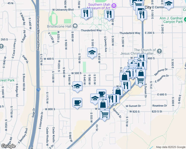 map of restaurants, bars, coffee shops, grocery stores, and more near 506 South 515 West in Cedar City