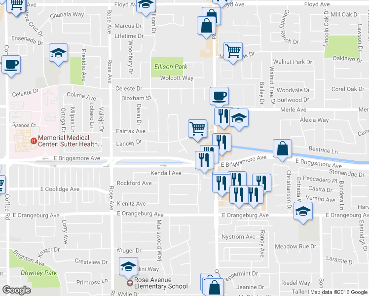 map of restaurants, bars, coffee shops, grocery stores, and more near 1610 Woolston Court in Modesto