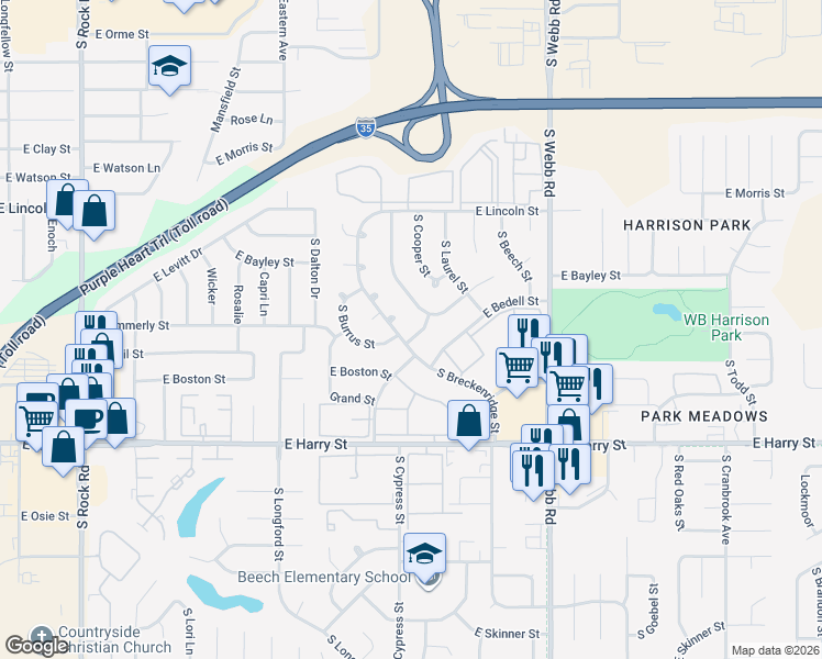map of restaurants, bars, coffee shops, grocery stores, and more near 1053 South Cypress Street in Wichita