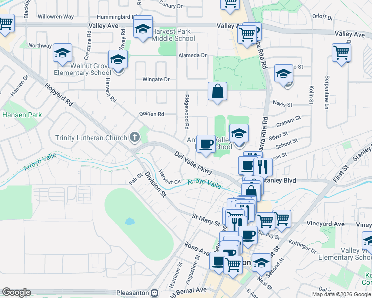 map of restaurants, bars, coffee shops, grocery stores, and more near 1144 Harvest Road in Pleasanton