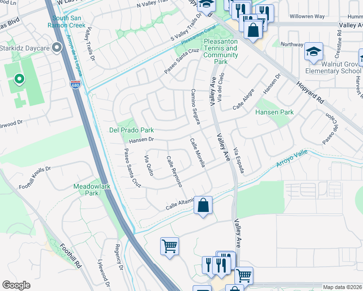 map of restaurants, bars, coffee shops, grocery stores, and more near 6566 Vía San Blas in Pleasanton