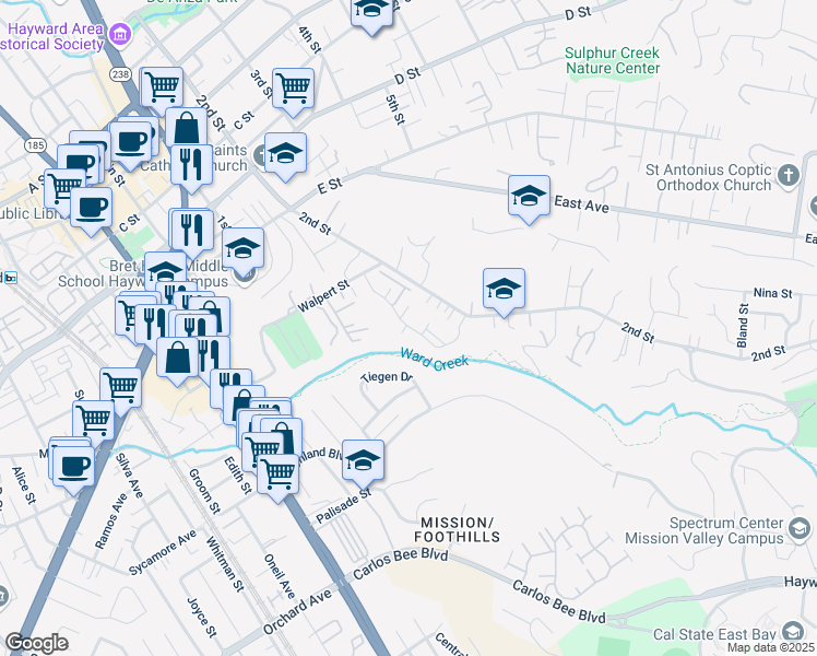 map of restaurants, bars, coffee shops, grocery stores, and more near 24154 Amaranth Loop in Hayward