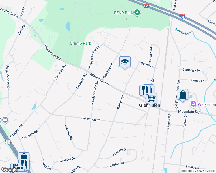 map of restaurants, bars, coffee shops, grocery stores, and more near 3125 Mountain Road in Glen Allen