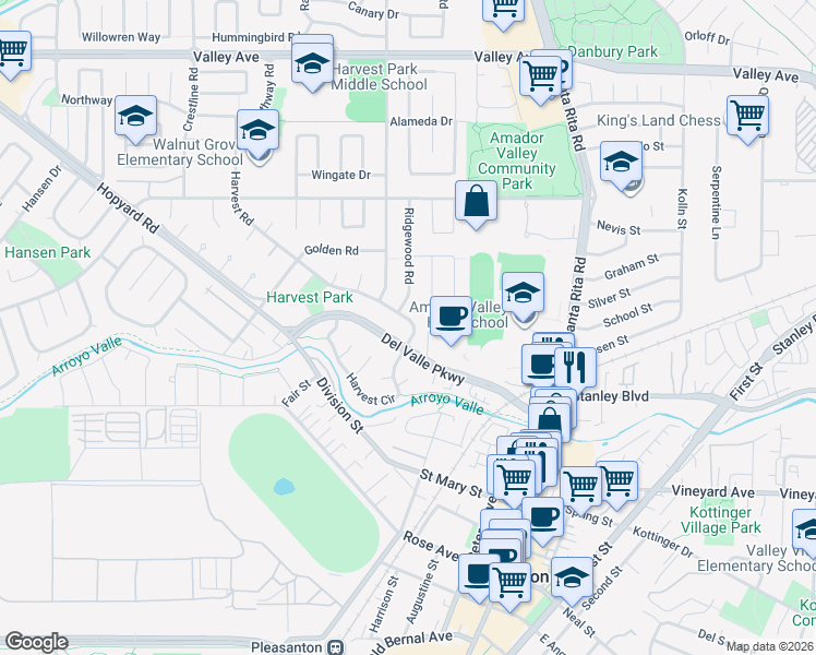 map of restaurants, bars, coffee shops, grocery stores, and more near 1144 Harvest Road in Pleasanton