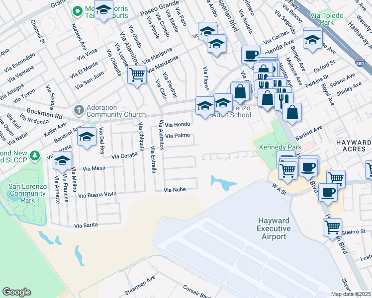 map of restaurants, bars, coffee shops, grocery stores, and more near 1086 Via Coralla in San Lorenzo